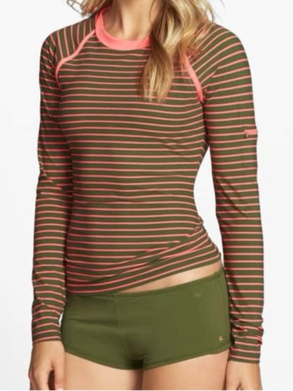Sperry Olive and Coral Striped Long-Sleeve Top